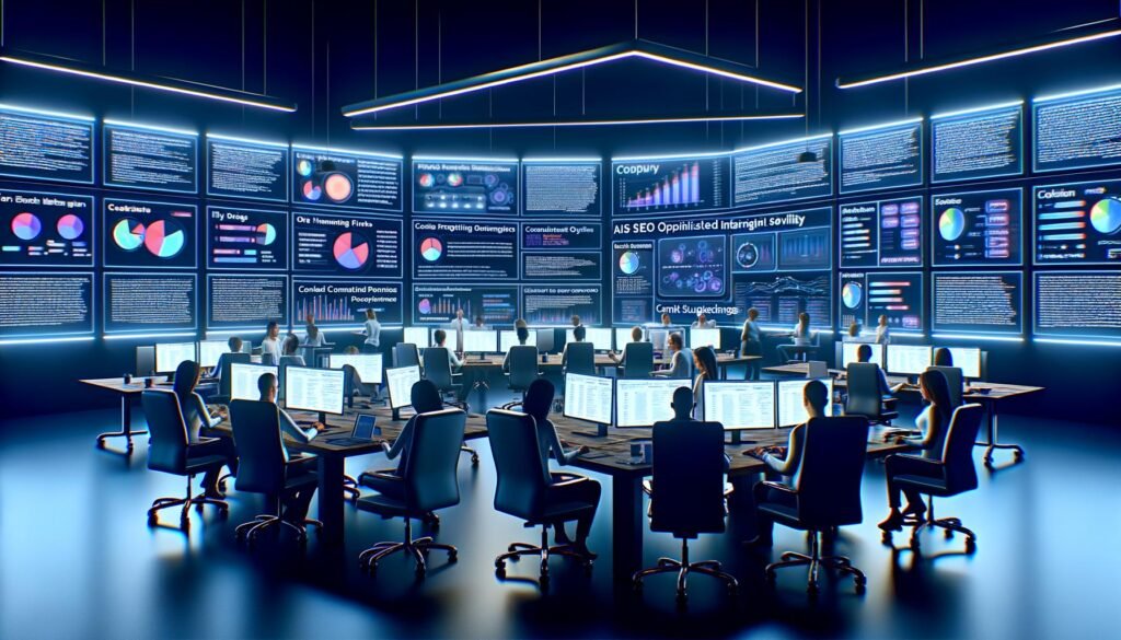 Digitale Marketing-Profis arbeiten in einem modernen Redaktionsbüro mit Monitoren voller SEO-Dashboards und Keyword-Analysen.