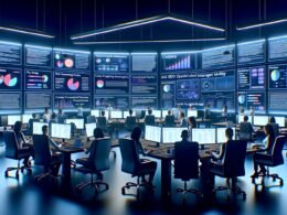 Digitale Marketing-Profis arbeiten in einem modernen Redaktionsbüro mit Monitoren voller SEO-Dashboards und Keyword-Analysen.