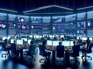 Digitale Marketing-Profis arbeiten in einem modernen Redaktionsbüro mit Monitoren voller SEO-Dashboards und Keyword-Analysen.