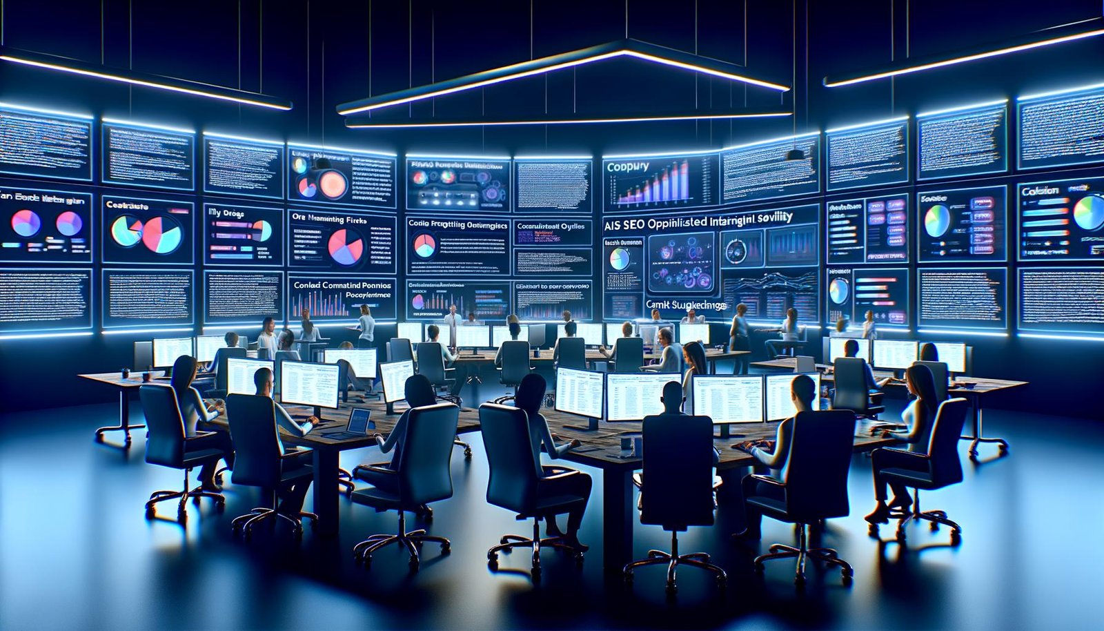 Digitale Marketing-Profis arbeiten in einem modernen Redaktionsbüro mit Monitoren voller SEO-Dashboards und Keyword-Analysen.