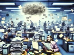 Gestresste Büroangestellte in einem chaotischen Großraumbüro mit Akten, Papierstapeln, alten Monitoren und langer Warteschlange am Kopierer