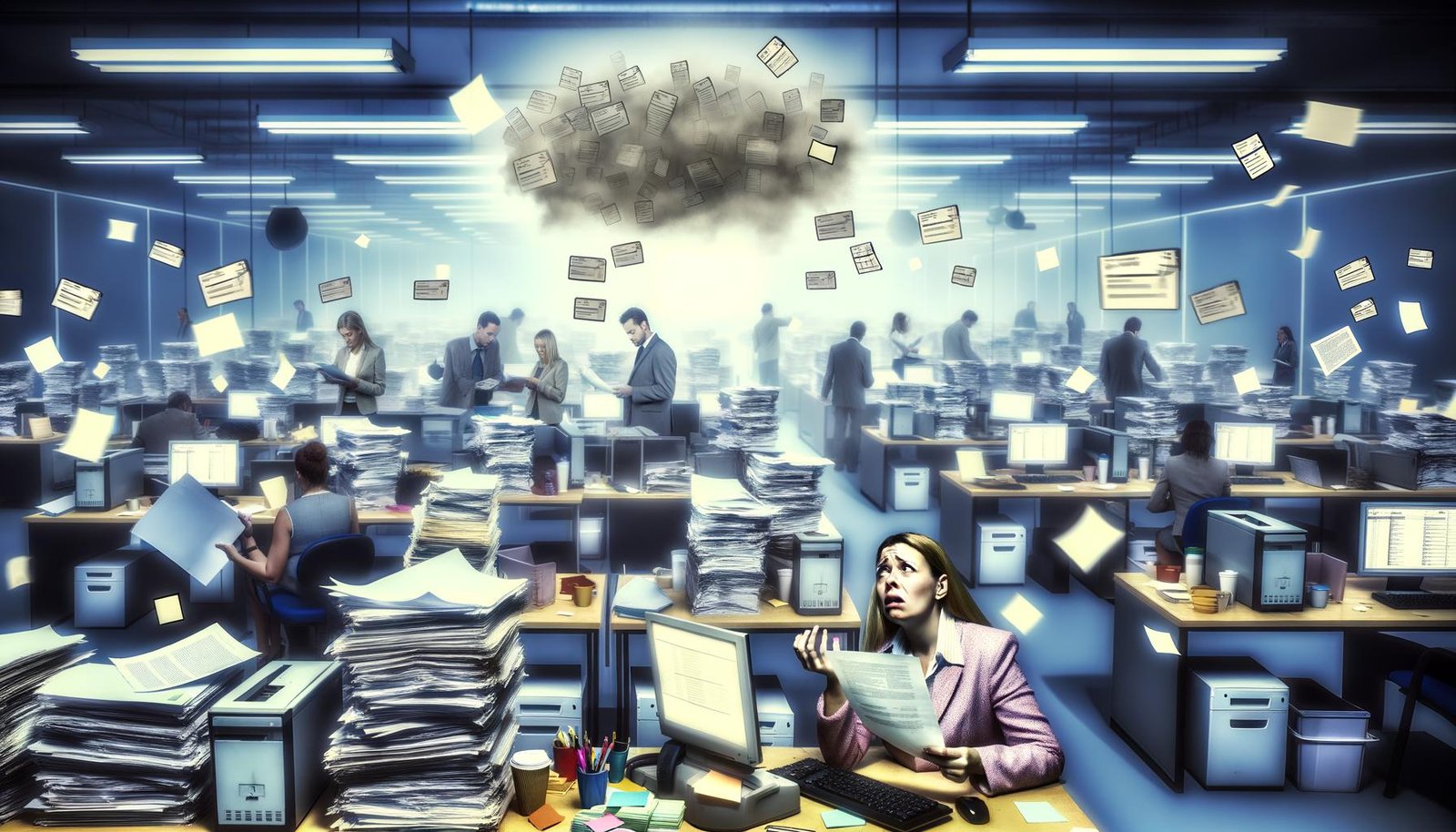 Gestresste Büroangestellte in einem chaotischen Großraumbüro mit Akten, Papierstapeln, alten Monitoren und langer Warteschlange am Kopierer