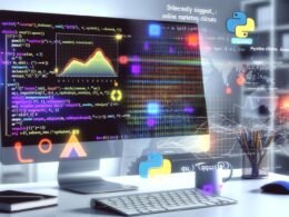 Moderne Data Science-Workstation mit Jupyter Notebook, Python-Code und Modell-Diagnostik-Grafiken, untermalt von mathematischen Formeln und stylisierten Datenströmen.