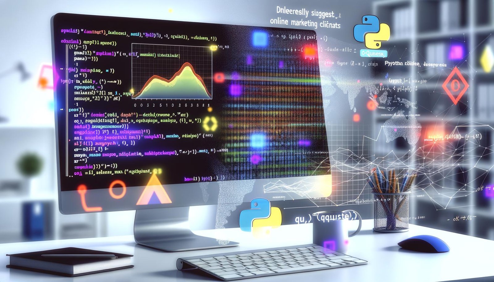 Moderne Data Science-Workstation mit Jupyter Notebook, Python-Code und Modell-Diagnostik-Grafiken, untermalt von mathematischen Formeln und stylisierten Datenströmen.