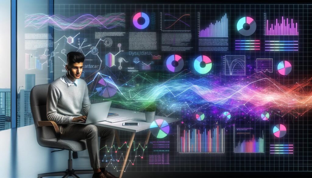 Junge Marketing-Professional arbeitet konzentriert am modernen Schreibtisch mit Python-Statsmodels-Code, umgeben von digitalen Datenströmen, Diagrammen und bunten Charts, die den Wechsel von analogen zu automatisierten Datenanalyse-Tools symbolisieren.