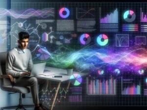 Junge Marketing-Professional arbeitet konzentriert am modernen Schreibtisch mit Python-Statsmodels-Code, umgeben von digitalen Datenströmen, Diagrammen und bunten Charts, die den Wechsel von analogen zu automatisierten Datenanalyse-Tools symbolisieren.