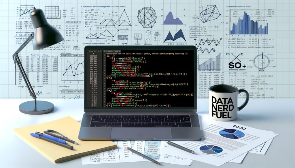 Illustration eines Data Science-Arbeitsplatzes mit Python-Code, statistischer Regression, Datencharts und digitalen Marketing-Symbolen.