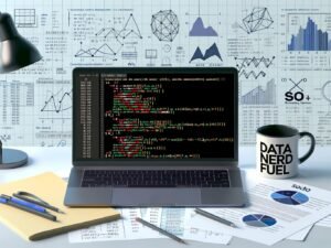 Illustration eines Data Science-Arbeitsplatzes mit Python-Code, statistischer Regression, Datencharts und digitalen Marketing-Symbolen.