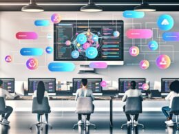 Moderne Redaktion mit diverser Teamarbeit an Laptops und Desktop-PCs, klar strukturiertem Dashboard, Medienbibliothek und Headless-CMS-Interface in einem hellen Loft-Büro.