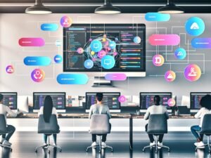 Moderne Redaktion mit diverser Teamarbeit an Laptops und Desktop-PCs, klar strukturiertem Dashboard, Medienbibliothek und Headless-CMS-Interface in einem hellen Loft-Büro.