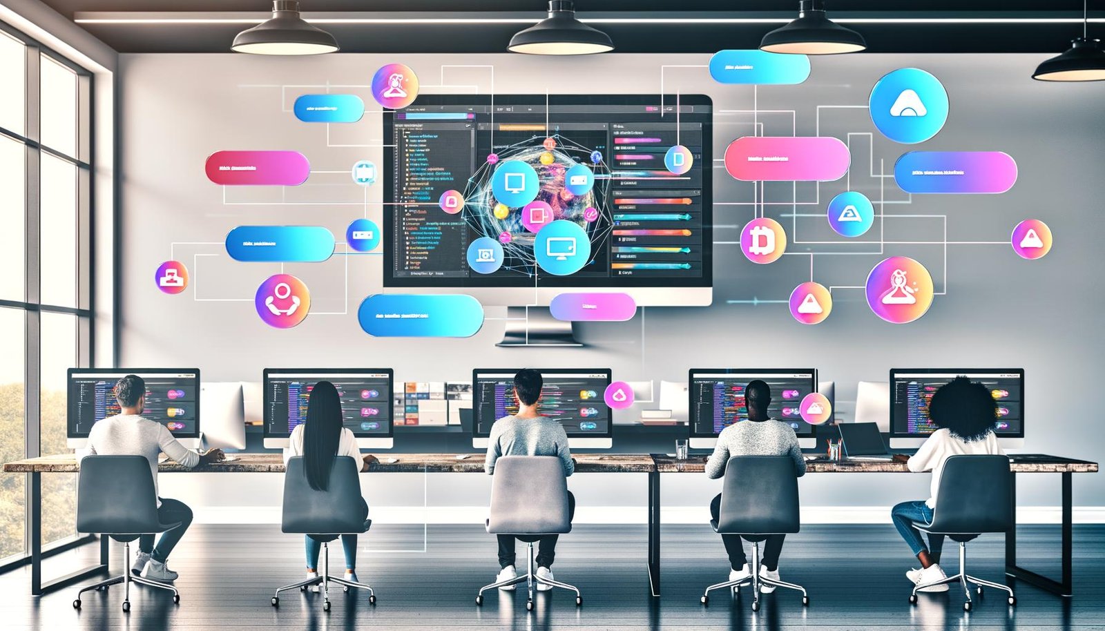 Moderne Redaktion mit diverser Teamarbeit an Laptops und Desktop-PCs, klar strukturiertem Dashboard, Medienbibliothek und Headless-CMS-Interface in einem hellen Loft-Büro.