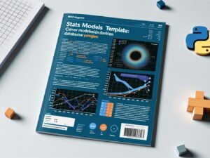 Magazincover mit statsmodels Template-Headline, Python-Code-Editor, statistischen Formeln, Diagrammen und Pandas- sowie NumPy-Symbolen im modernen Tech-Design.