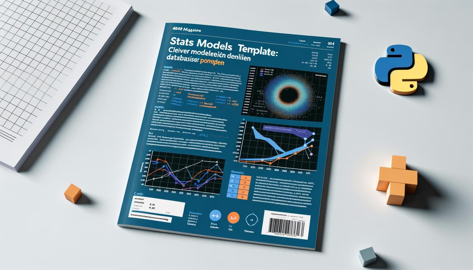 Magazincover mit statsmodels Template-Headline, Python-Code-Editor, statistischen Formeln, Diagrammen und Pandas- sowie NumPy-Symbolen im modernen Tech-Design.