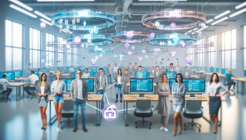 Futuristisches Redaktionsteam in offenem Büro mit holografischen Bildschirmen, digitalen Anzeigen und modernen Arbeitsprozessen für Multichannel-Publishing