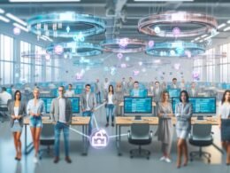 Futuristisches Redaktionsteam in offenem Büro mit holografischen Bildschirmen, digitalen Anzeigen und modernen Arbeitsprozessen für Multichannel-Publishing