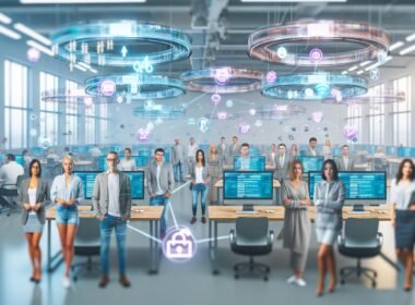 Futuristisches Redaktionsteam in offenem Büro mit holografischen Bildschirmen, digitalen Anzeigen und modernen Arbeitsprozessen für Multichannel-Publishing