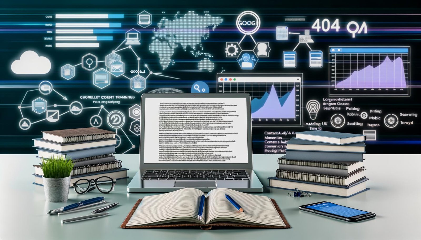 Moderner digitaler Arbeitsplatz mit Laptop, Notizbüchern, Smartphone mit Google-Analytics, Post-its mit Keywords, umgeben von Suchmaschinen-Icons, Traffic-Diagrammen und UX-Elementen.
