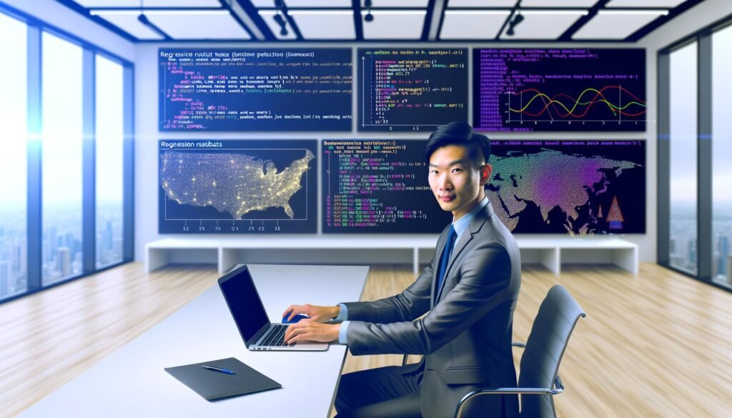 Moderner Schreibtisch eines Data Analysts mit Laptop, statsmodels-Code, statistischen Plots, Regressionstabellen und Python- sowie Marketing-Elementen im Hintergrund.