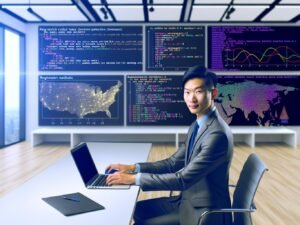 Moderner Schreibtisch eines Data Analysts mit Laptop, statsmodels-Code, statistischen Plots, Regressionstabellen und Python- sowie Marketing-Elementen im Hintergrund.