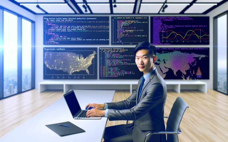 Moderner Schreibtisch eines Data Analysts mit Laptop, statsmodels-Code, statistischen Plots, Regressionstabellen und Python- sowie Marketing-Elementen im Hintergrund.