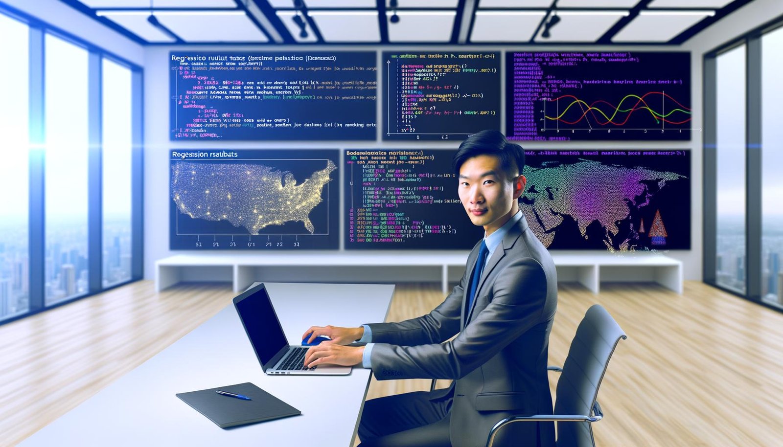 Moderner Schreibtisch eines Data Analysts mit Laptop, statsmodels-Code, statistischen Plots, Regressionstabellen und Python- sowie Marketing-Elementen im Hintergrund.