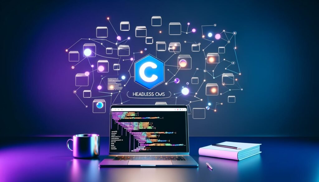 Laptop mit offenem Code-Editor und bunter GraphQL-Query, umgeben vom Contentful-Logo und vernetzten Content-Blöcken, vor ausgegrauten REST-API-Ordnern mit blauen und violetten Lichtstrahlen