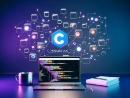 Laptop mit offenem Code-Editor und bunter GraphQL-Query, umgeben vom Contentful-Logo und vernetzten Content-Blöcken, vor ausgegrauten REST-API-Ordnern mit blauen und violetten Lichtstrahlen