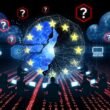 Düsteres Titelbild mit zersplittertem EU-Logo, digitalen Fragmenten, streitenden Silhouetten und Tech-Konzern-Logos vor einer bedrohlichen Atmosphäre aus Warnsymbolen und Fragezeichen.