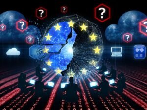 Düsteres Titelbild mit zersplittertem EU-Logo, digitalen Fragmenten, streitenden Silhouetten und Tech-Konzern-Logos vor einer bedrohlichen Atmosphäre aus Warnsymbolen und Fragezeichen.