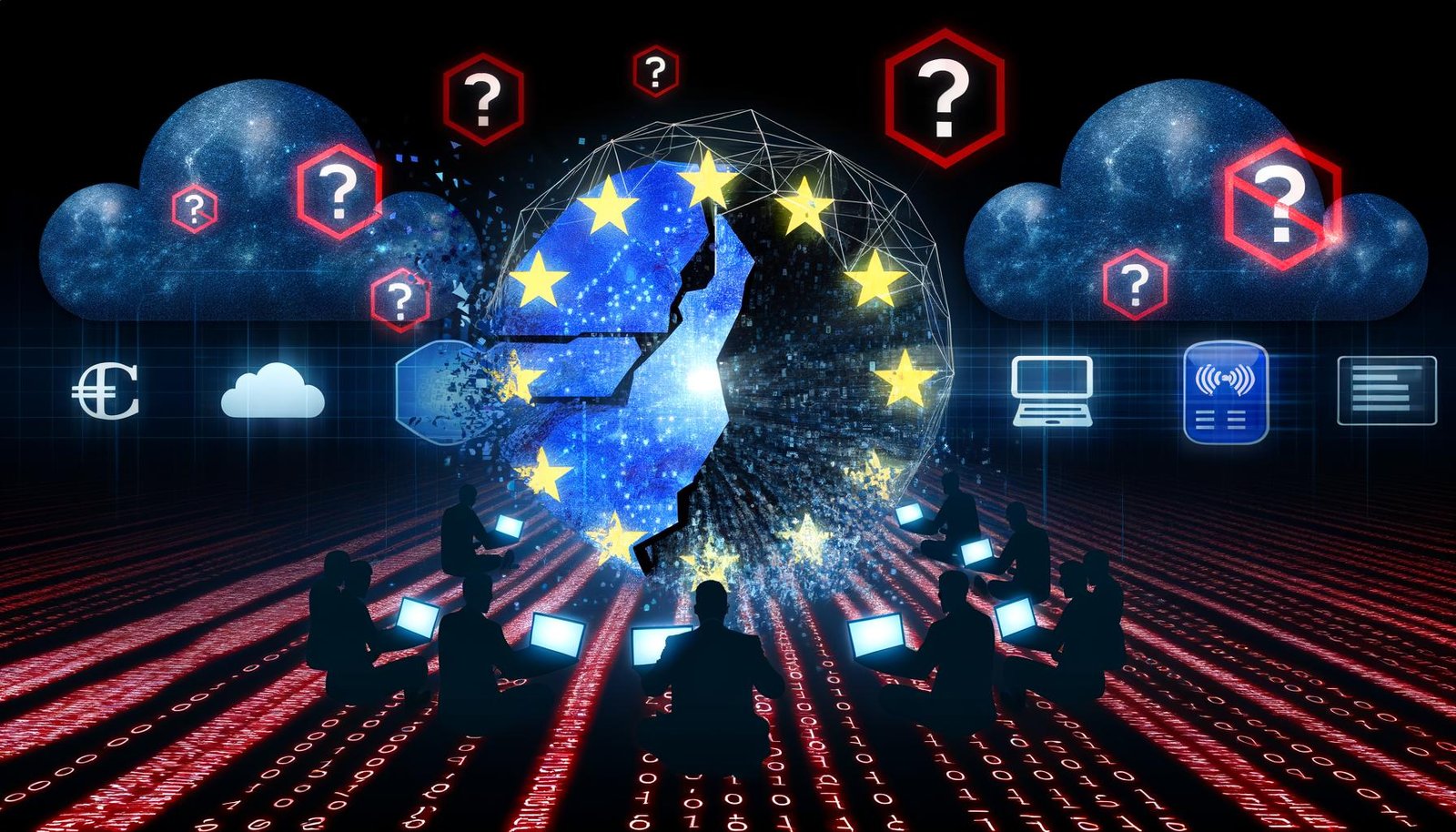 Düsteres Titelbild mit zersplittertem EU-Logo, digitalen Fragmenten, streitenden Silhouetten und Tech-Konzern-Logos vor einer bedrohlichen Atmosphäre aus Warnsymbolen und Fragezeichen.