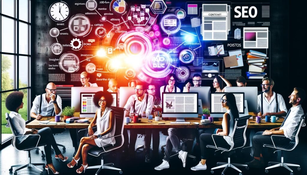 Diverse Content-Profis in modernem Büro arbeiten an Monitoren, umgeben von digitalen Workflows, SEO-Grafiken, Notizblöcken und kreativen Tools bei der Planung von Longform-Content.