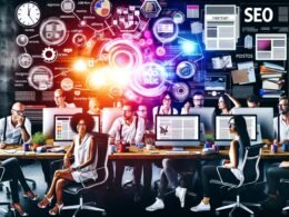 Diverse Content-Profis in modernem Büro arbeiten an Monitoren, umgeben von digitalen Workflows, SEO-Grafiken, Notizblöcken und kreativen Tools bei der Planung von Longform-Content.