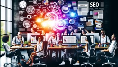 Diverse Content-Profis in modernem Büro arbeiten an Monitoren, umgeben von digitalen Workflows, SEO-Grafiken, Notizblöcken und kreativen Tools bei der Planung von Longform-Content.