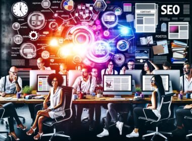 Diverse Content-Profis in modernem Büro arbeiten an Monitoren, umgeben von digitalen Workflows, SEO-Grafiken, Notizblöcken und kreativen Tools bei der Planung von Longform-Content.