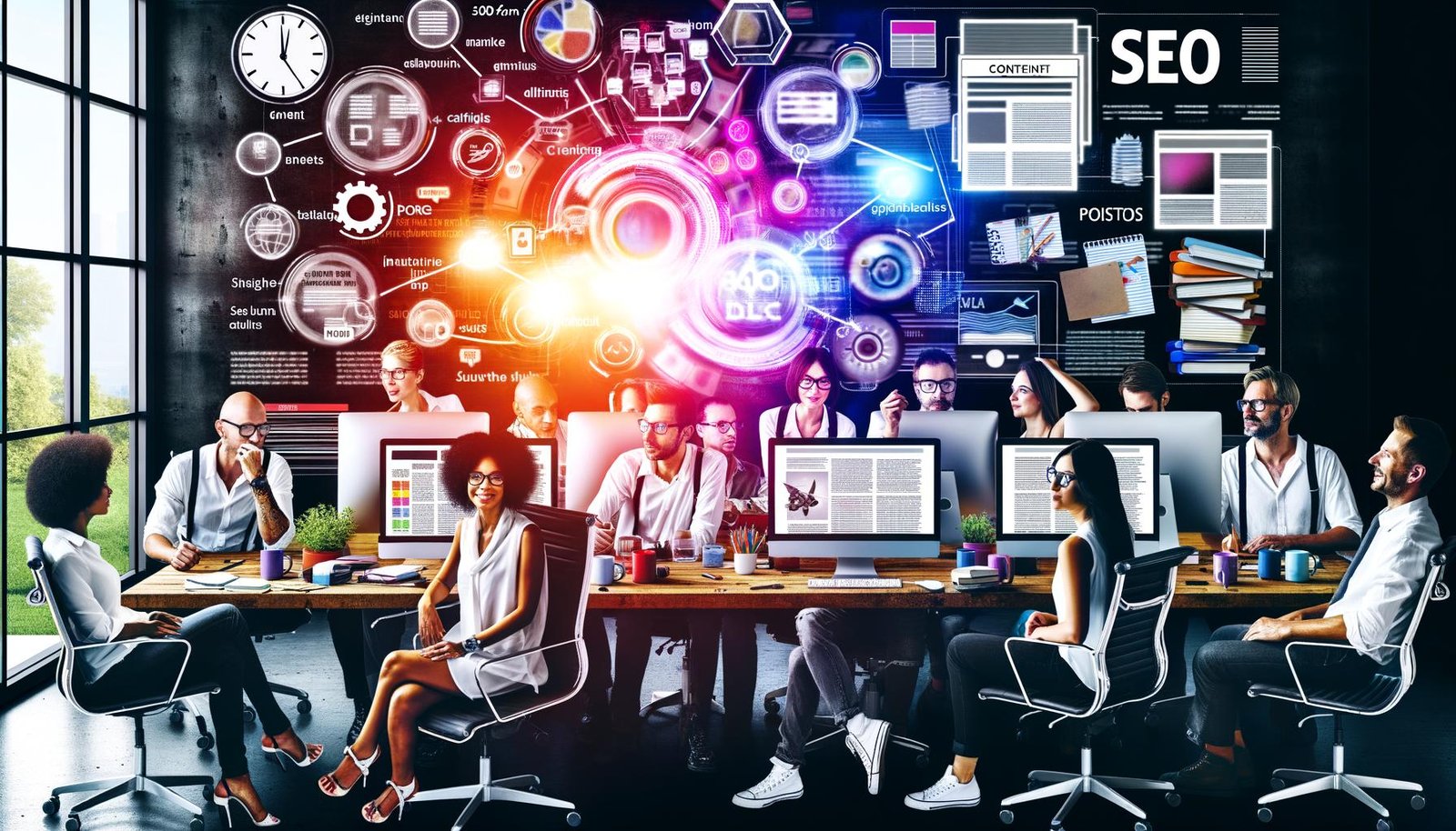 Diverse Content-Profis in modernem Büro arbeiten an Monitoren, umgeben von digitalen Workflows, SEO-Grafiken, Notizblöcken und kreativen Tools bei der Planung von Longform-Content.