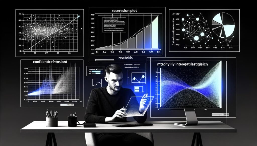 Datenwissenschaftler vor Computer mit professionellen, detaillierten Statsmodels-Visualisierungen (Regressionsplot, Residuenplot, QQ-Plot, Konfidenzintervall) in schwarz-weiß mit neonblauen Akzenten.