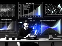 Datenwissenschaftler vor Computer mit professionellen, detaillierten Statsmodels-Visualisierungen (Regressionsplot, Residuenplot, QQ-Plot, Konfidenzintervall) in schwarz-weiß mit neonblauen Akzenten.