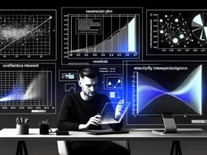 Datenwissenschaftler vor Computer mit professionellen, detaillierten Statsmodels-Visualisierungen (Regressionsplot, Residuenplot, QQ-Plot, Konfidenzintervall) in schwarz-weiß mit neonblauen Akzenten.