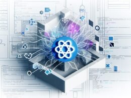 Illustration mit Contentful-Logo im Zentrum, umgeben von abstrahierten Content-Modulen, API-Linien und Verbindungen zu React, Next.js, mobilen Endgeräten und IoT-Symbolen, auf digitalem Architekturuhintergrund in kühlen Blautönen.