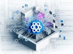 Illustration mit Contentful-Logo im Zentrum, umgeben von abstrahierten Content-Modulen, API-Linien und Verbindungen zu React, Next.js, mobilen Endgeräten und IoT-Symbolen, auf digitalem Architekturuhintergrund in kühlen Blautönen.