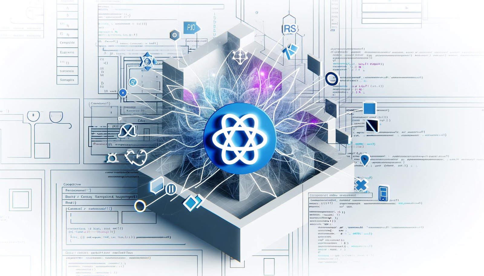 Illustration mit Contentful-Logo im Zentrum, umgeben von abstrahierten Content-Modulen, API-Linien und Verbindungen zu React, Next.js, mobilen Endgeräten und IoT-Symbolen, auf digitalem Architekturuhintergrund in kühlen Blautönen.