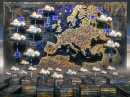 Illustration einer digitalen Europa-Landschaft mit Cloud- und Daten-Konzepten, EU-Gebäuden, Tech-Giganten-Logos und diskutierenden Menschen vor einem komplexen Gaia-X-Plan