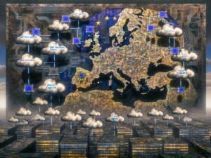 Illustration einer digitalen Europa-Landschaft mit Cloud- und Daten-Konzepten, EU-Gebäuden, Tech-Giganten-Logos und diskutierenden Menschen vor einem komplexen Gaia-X-Plan