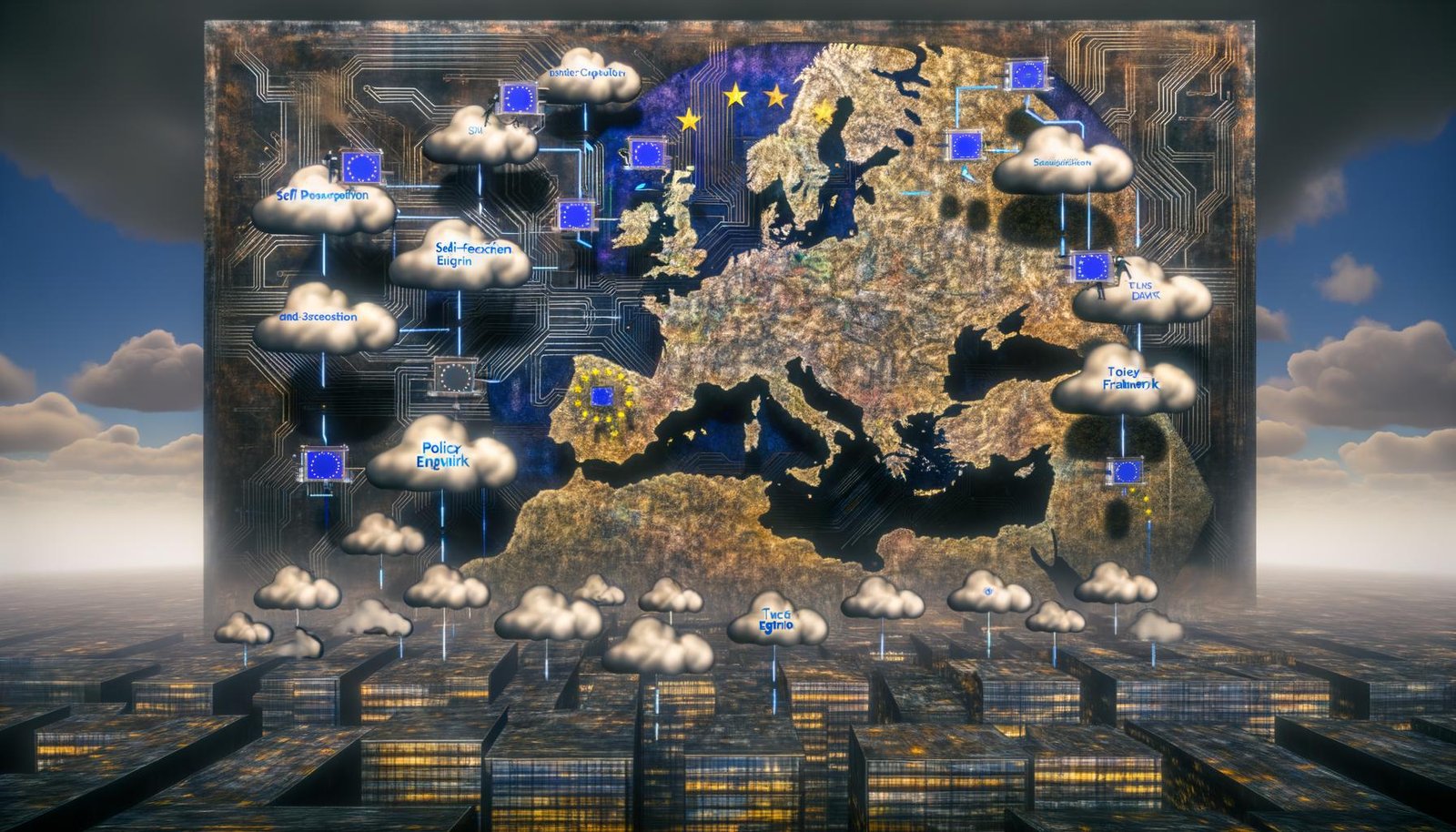 Illustration einer digitalen Europa-Landschaft mit Cloud- und Daten-Konzepten, EU-Gebäuden, Tech-Giganten-Logos und diskutierenden Menschen vor einem komplexen Gaia-X-Plan