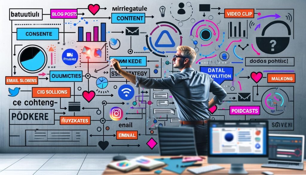 Collage eines Marketers vor einem großen digitalen Dashboard, der mehrere Content-Formate und Social-Media-Kanäle wie Instagram, LinkedIn, TikTok und YouTube koordiniert. Einige Inhalte sind dupliziert und verblassen, während markante Inhalte auf bestimmten Plattformen hervorstechen. Algorithmen und Daten-Overlays sorgen für einen analytischen Eindruck. Im Hintergrund moderne Büroumgebung und ein handgeschriebener Zettel „Strategie > Präsenz“.