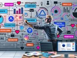 Collage eines Marketers vor einem großen digitalen Dashboard, der mehrere Content-Formate und Social-Media-Kanäle wie Instagram, LinkedIn, TikTok und YouTube koordiniert. Einige Inhalte sind dupliziert und verblassen, während markante Inhalte auf bestimmten Plattformen hervorstechen. Algorithmen und Daten-Overlays sorgen für einen analytischen Eindruck. Im Hintergrund moderne Büroumgebung und ein handgeschriebener Zettel „Strategie > Präsenz“.