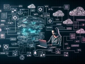 Entwicklerin arbeitet an einem Laptop, umgeben von Architekturskizzen, Flowcharts und den Logos von Contentful, Next.js, Gatsby, Astro, Vercel und Netlify. Im Hintergrund sind Diagramme zu statischer Webseiten-Generierung und CDN-Distribution zu sehen.