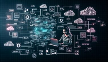 Entwicklerin arbeitet an einem Laptop, umgeben von Architekturskizzen, Flowcharts und den Logos von Contentful, Next.js, Gatsby, Astro, Vercel und Netlify. Im Hintergrund sind Diagramme zu statischer Webseiten-Generierung und CDN-Distribution zu sehen.