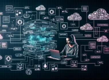 Entwicklerin arbeitet an einem Laptop, umgeben von Architekturskizzen, Flowcharts und den Logos von Contentful, Next.js, Gatsby, Astro, Vercel und Netlify. Im Hintergrund sind Diagramme zu statischer Webseiten-Generierung und CDN-Distribution zu sehen.