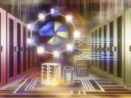 Moderne Illustration eines Serverraums mit europäischen Flaggen, Cloud-Anbietern, föderiertem Datenraum und Symbolen für Datenschutz, Transparenz und offene Schnittstellen.